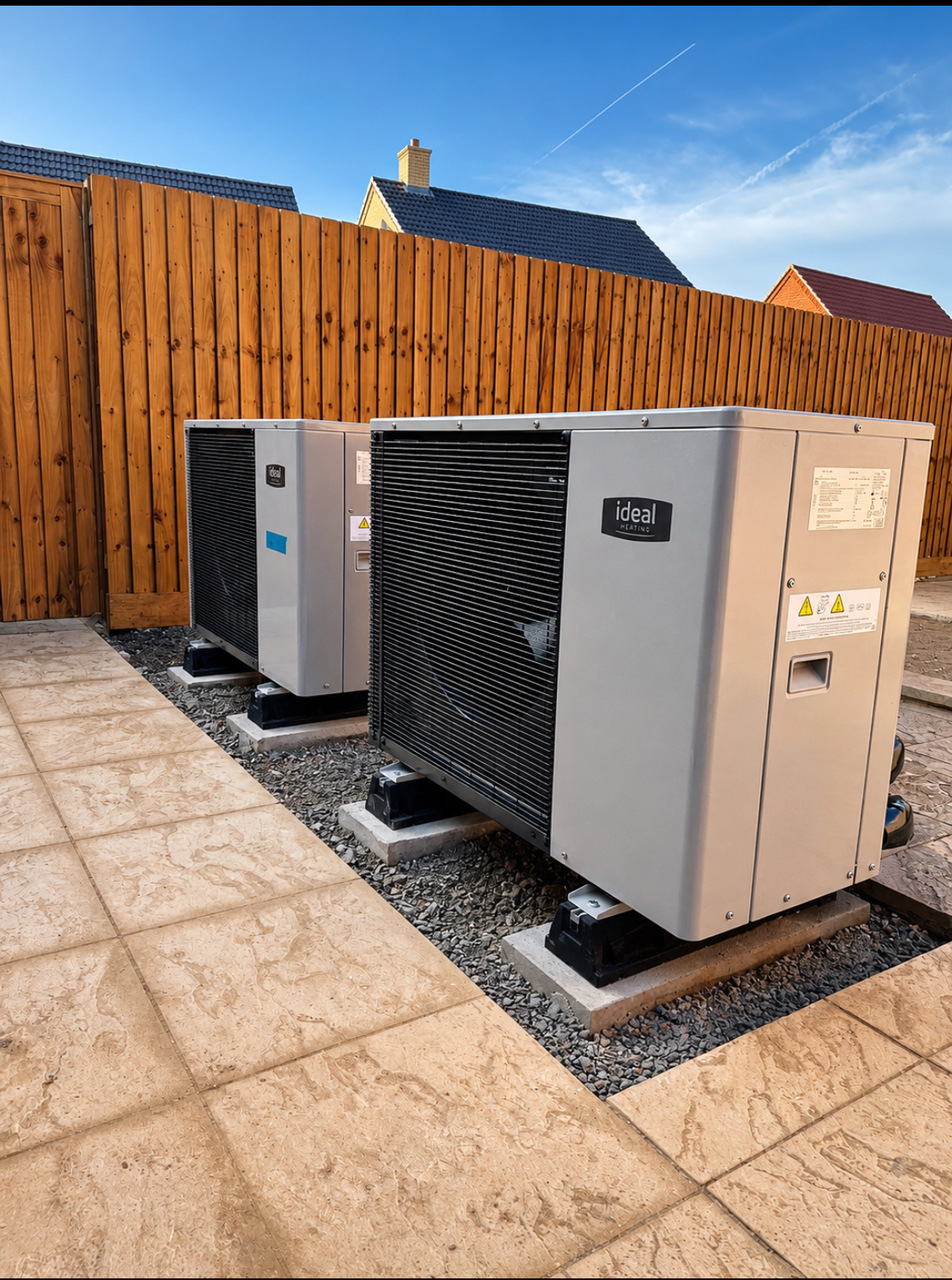 Two air source heat pumps installed on a patio at a new home