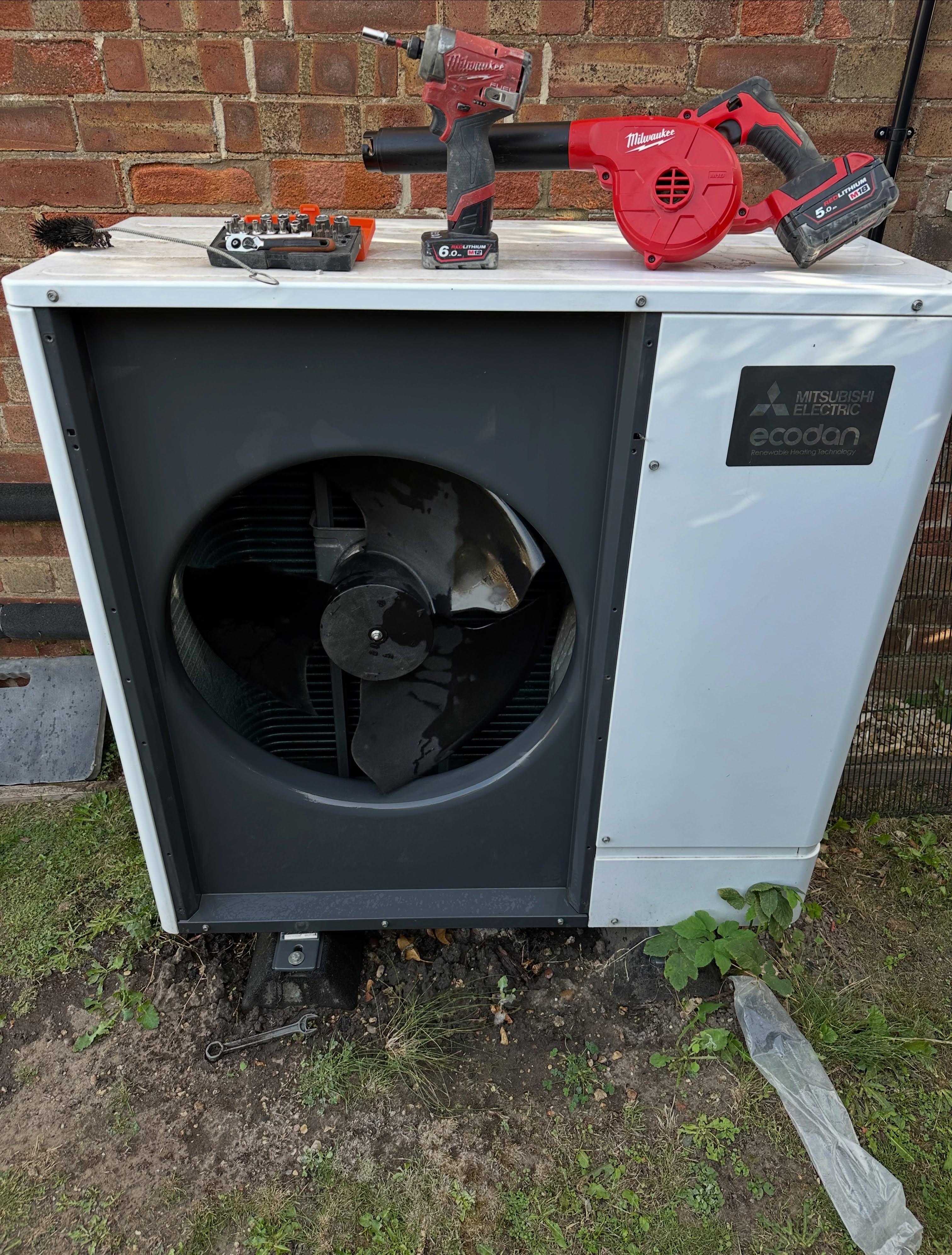 Mitsubishi Ecodan outdoor unit during a service visit